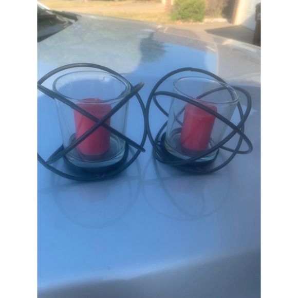 Other - Modern Black Metal Orbital Wire Candle Holders with Glass Votive Cups Set of 2